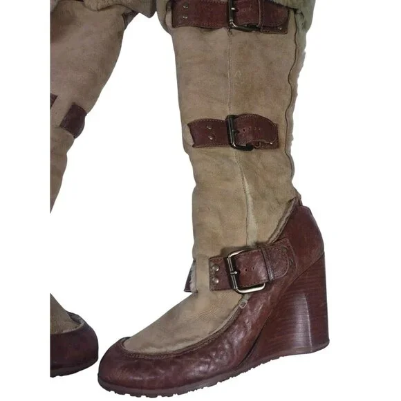 VW1 FENDI CAMEL BROWN WEDGE BUCKLE LONG FUR TRIM BOOTS - SIZE 38.5 39 READ - Picture 4 of 10